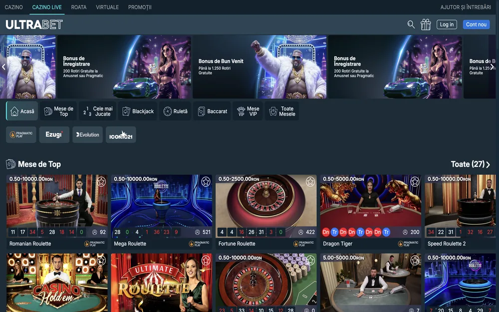 Live-Casino-Bereich von ultrabet.ro mit Tischübersicht und Einsatzgrenzen
