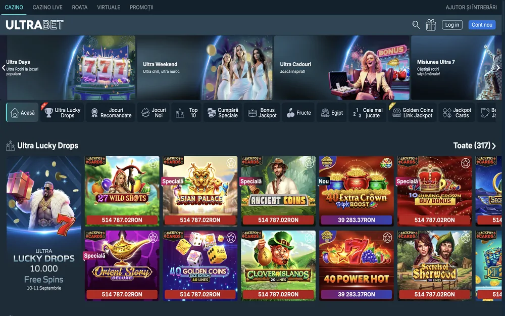Lobby-Ansicht von ultrabet.ro mit der Aktion Ultra Lucky Drops